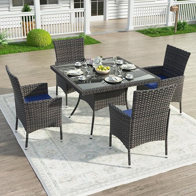 Kullavik 5 Pieces Outdoor Dining Set Patio Rattan Furniture Set,Patio Dining Table and Chairs Set with 4 Chairs and Cushions,Square Glass Tabletop with Umbrella Hole for Patio,Backyard,Navy Blue