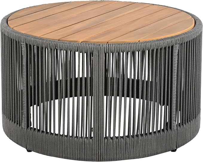 IRONORA Round Outdoor Coffee Table, Acacia Wood Top with Rope Woven Base, 26 Inch Diameter, Outdoor Side Table for Patio, Garden, Weather Resistant Patio Furniture
