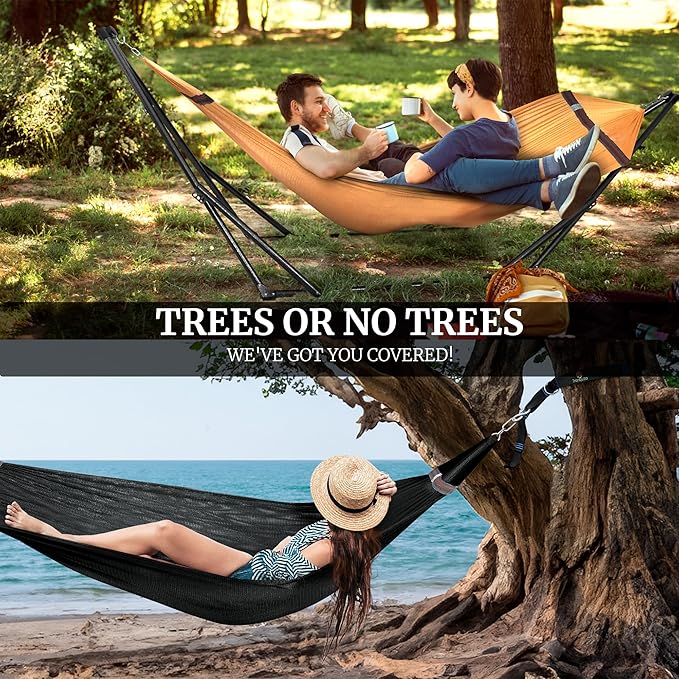 Tranquillo Combo x2 Hammocks with Stand for Outside & Tree Straps, Heavy Duty Hammock with Stand 600lbs for Indoor Outdoor Patio Backyard, x2 Hammocks for 2 Person (Combo - Yellow, Medium)