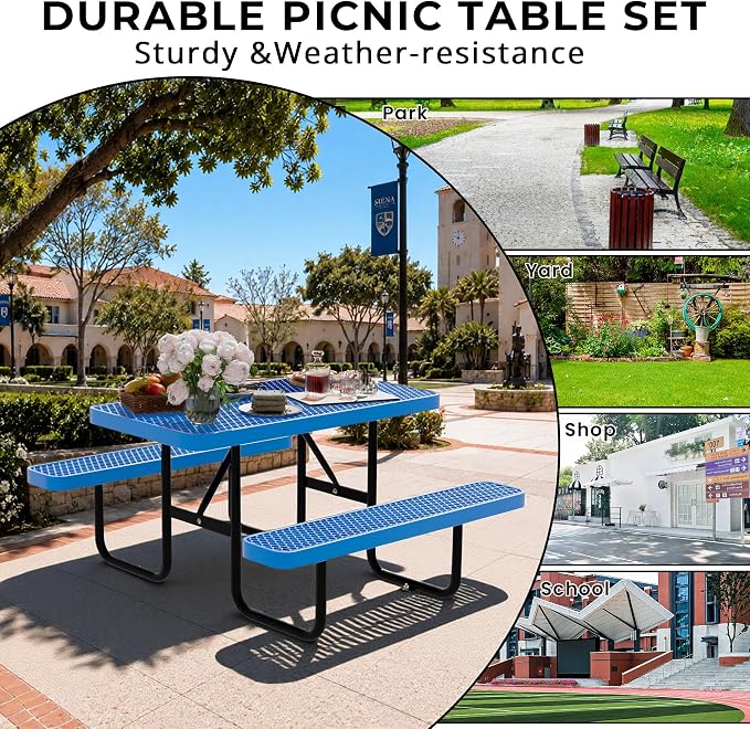 4FT Rectangular Steel Outdoor Picnic Table, Commercial Picnic Table Bench Set with Umbrella Hole, Weather-Resistant Heavy Duty School Dining Table for Stores, Park, Patio, Garden, Backyard, Blue