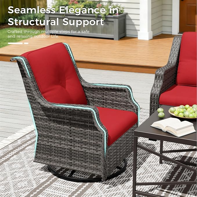 Outdoor Patio Furniture Set, 6 Piece Wicker Patio Furniture with Thick Cushions, Curved Armrest, Deep Seating, Outdoor Swivel Rocker Chairs for Porch, Deck, Balcony