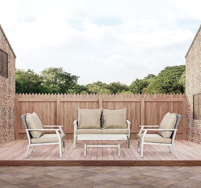 Outsunny 4 Pieces Patio Furniture Set with Cushions, Outdoor Wicker Conversation Sofa Sets, Aluminum Frame Sofa Sets for Backyard, Poolside, Garden, Beige