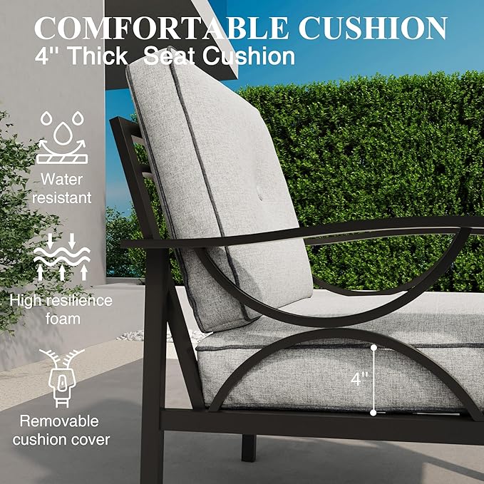 RoyalCraft Outdoor Patio Furniture Set, 4 Piece Patio Conversation Set with Coffee Table, Metal Furniture Set for Porch Backyard Garden, Black