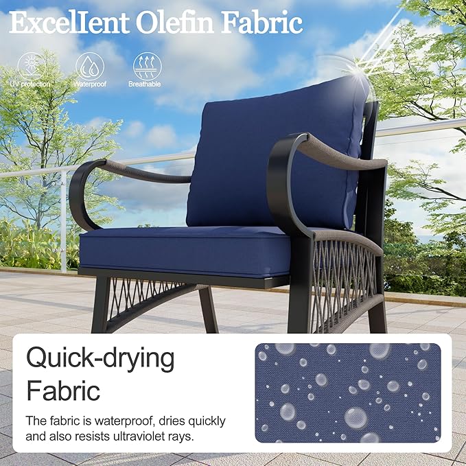 5 Pieces Patio Conversation Sets, All Weather Metal Outdoor Furniture Set with Sectional Sofa Loveseat Couch for Backyard Garden Deck Porch Poolside (Blue Cushions)