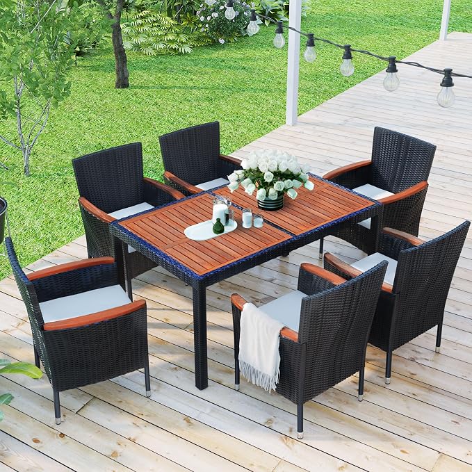roomfitters 7-Piece Outdoor Patio Dining Set, Garden PE Rattan Wicker Dining Table and Chairs Set, Acacia Wood Tabletop, Stackable Armrest Chairs with Cushions, Reddish-Brown