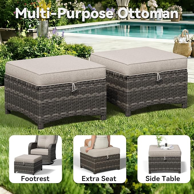 3-Piece Outdoor Couch Set, 1 Wicker Patio Loveseat with Thickened Olefin Cushions, High Back and Deep Seating, Hand-Woven PE Rattan and 2 Ottomans, Patio Conversation Set for Porch, Deck