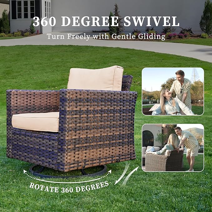 UDPATIO Patio Furniture Set with Fire Pit Table and Swivel Rocking Chairs, 5 Pieces Outdoor Wicker Furniture Set with Waterproof Cover, 4'' Thickened Cushion, Khaki