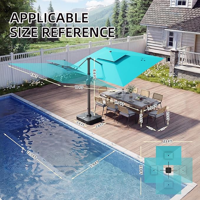 10 X 13 FT Cantilever Patio Umbrella with Led Lights and Base Included Heavy Duty Outdoor Double Top Large Rectangle Offset Umbrellas with 360-degree Rotation for Garden Pool Deck Backyard, Turquoise