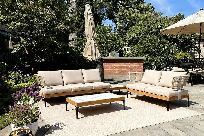 PURPLE LEAF 5 Pieces Patio Conversation Furniture Sets with Loveseat Chairs Tables Modern Wicker Armrest Outdoor Aluminum Sectional Sofa Sets for Balcony Yard Poolside Garden, Cushions Included