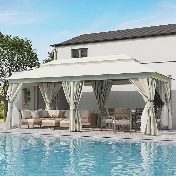 LAUSAINT HOME 10'x20' Outdoor Gazebo, Metal Frame Heavy Duty Patio Canopy Tent Shelter with Double Roofs, Mosquito Nettings and Privacy Screens for Backyard, Garden, Lawn, Cream White