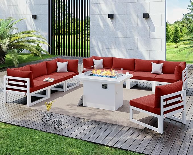 NICESOUL 9 Pcs Extra Large Modern Aluminum Outdoor Sofa with Fire Pit Table, 29" Deep Wide Seat, 500 lbs Durable Sectional Set for Heavy People, Water Resistant Patio Furniture Set for Backyard, Red