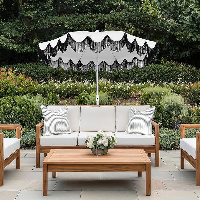 JONATHAN Y Mariner 6.5 ft. Beach Umbrella, White Solid with Fringe, Push-Button Tilt, UPF 50+ Sun Protection and Carrying Bag for Patio and Pool, White Pole UMB1005U