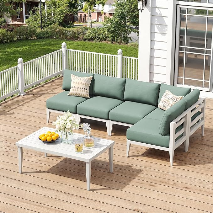 6-Piece Aluminum Outdoor Patio Furniture Set, Oversized Sectional Sofa with Corner Seat & Coffee Table, All-Weather Conversation Set for Backyard, Deck, Porch, or Balcony, White