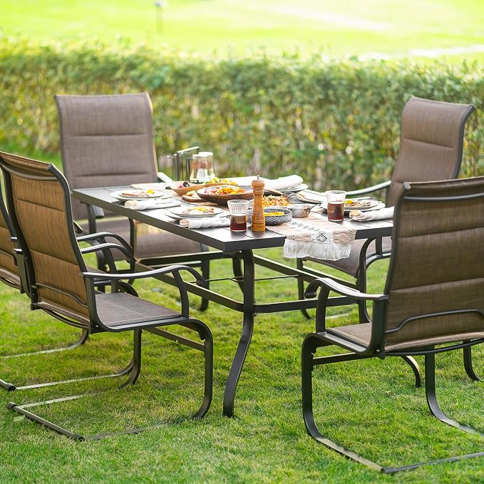 NUU GARDEN 7 Piece Outdoor Patio Dining Set for 6, 61" Rectangular Dining Table with Umbrella Hole and 6 All-Weather Padded Textilene Chairs, Brown and Black