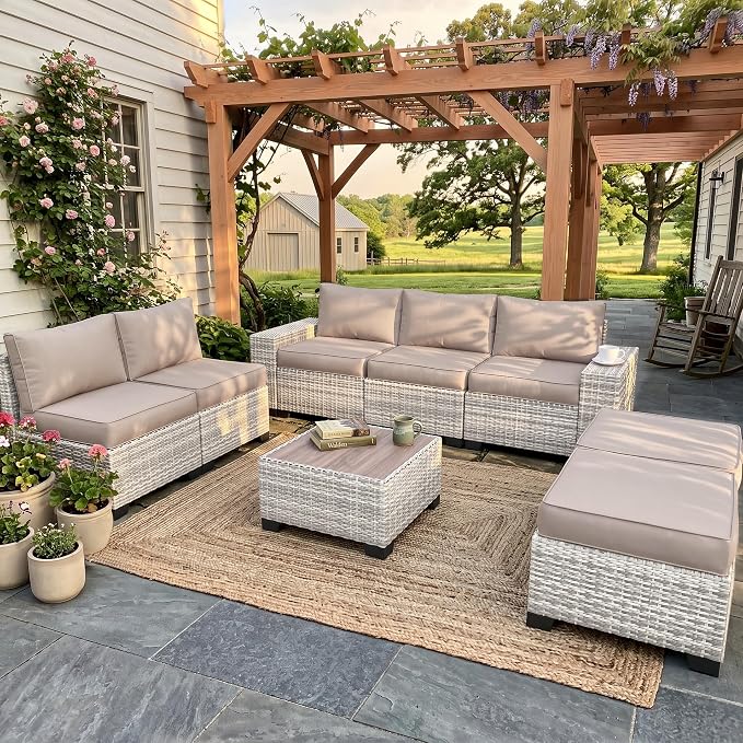 8-Piece Outdoor Patio Furniture Set Wicker Sectional Sofa Set with Ottomans, Patio Conversation Set with Thickened Cushions & Coffee Table for Garden, Backyard, Poolside, Beige