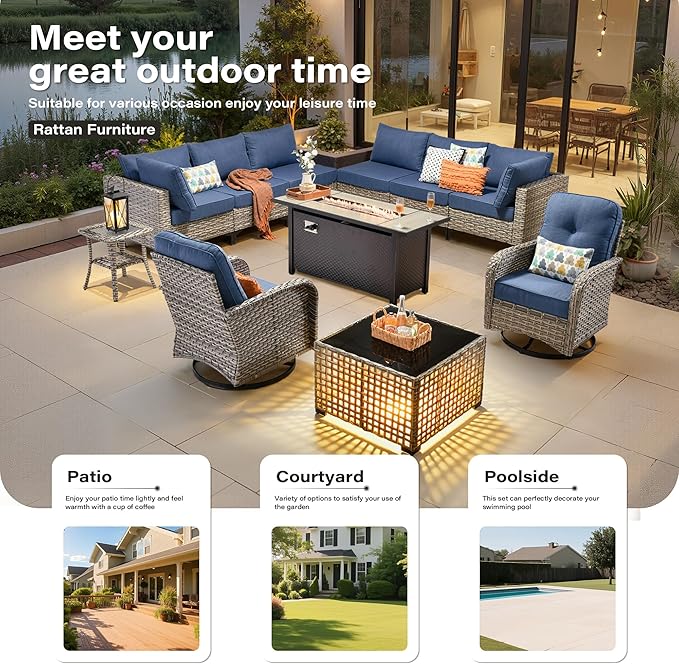 11 Pieces Outdoor Sectional Patio Furniture Set with 54" Fire Pit,Wicker Conversation Sets Rattan L Shaped Couch Swivel Rocking Chairs,Modular Outdoor Sofa for Porch Balcony Backyard Blue