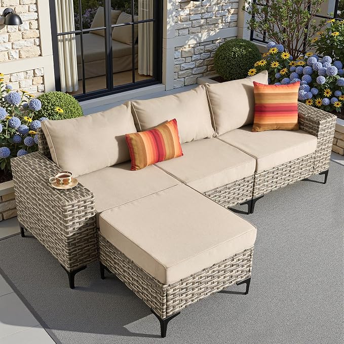 4 Pcs Patio Outdoor Furniture Set - All Weather Wicker Outdoor Sectional Sofa Couch with Ottoman,Patio Modular Rattan Conversation Set for Garden Deck Yard,Beige,