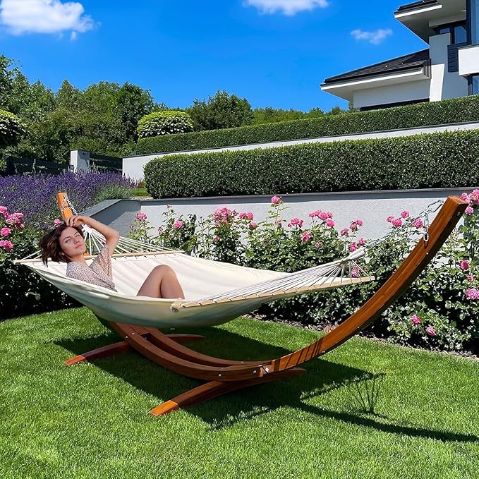 ECOTOUGE 13 FT Hammock with Stand, Heavy Duty Hammock Stand, 2 Person Heavy Large Hammock Bed for Porch, Patio, Balcony, Garden, Backyard, Load 550lbs 550LBS, White-Yellow