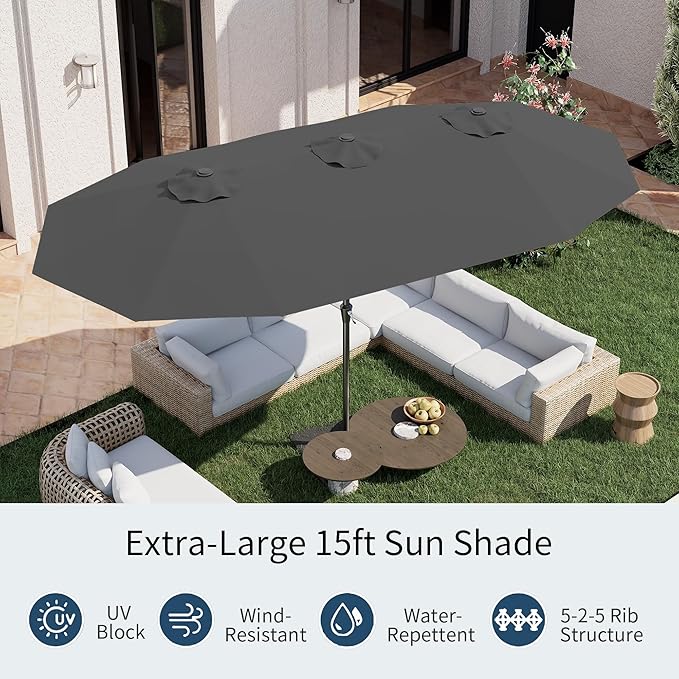 PatioKingdom 15FT Large Patio Umbrella with Base, Double Sided Rectangular Outdoor Umbrella with Sturdy Fiberglass Ribs, Market Umbrella for Pool,Garden,Backyard,Deck (Gray, 15FT)