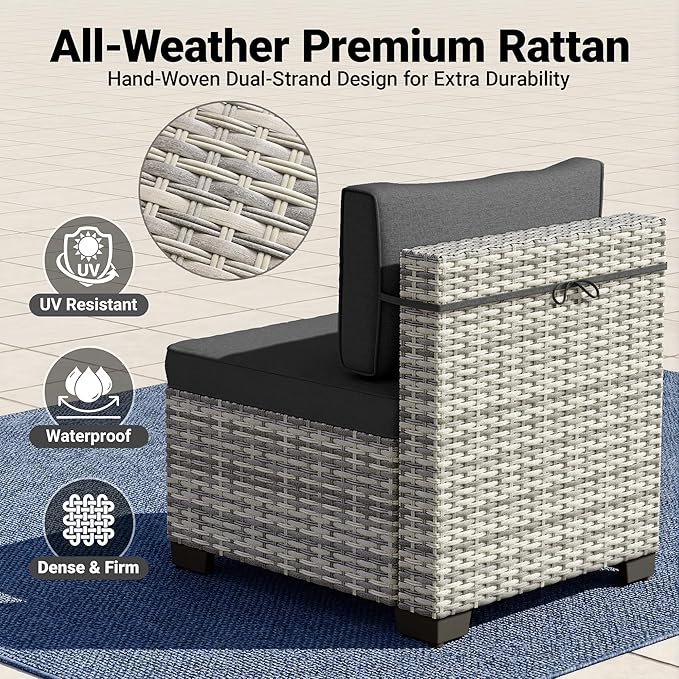 9-Piece Patio Furniture Set, Outdoor with Ottomans, Modular Patio Sofa, Dual-Strand Wicker Rattan, Rust-Resistant Frame, Backyard Furniture for Garden, Deck, Black