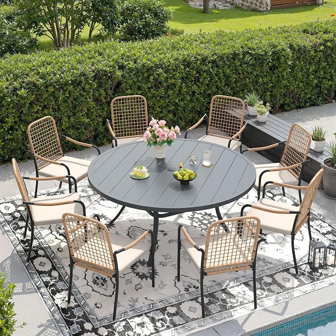 DIFY 9 Pieces Outdoor Dining Set for 8, 53" Round Dining Table with Umbrella Hole & Wicker Stackable Patio Chairs with Cushions, Metal Patio Table and Chairs Set for Backyard Porch Garden, Grey