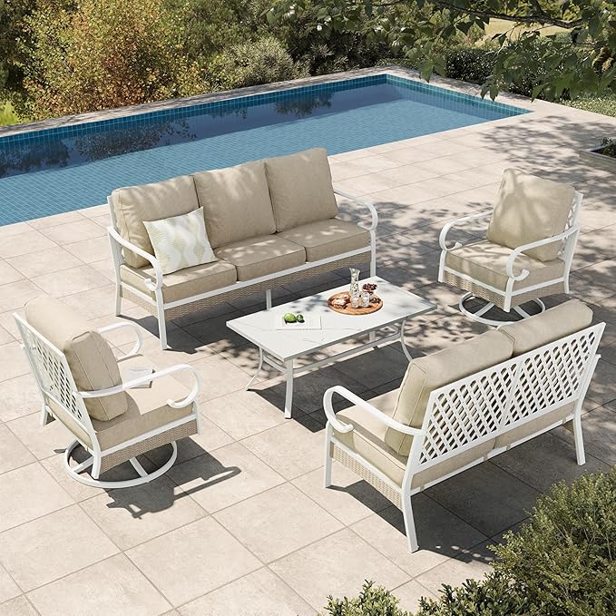 HERA'S HOUSE 5 Pieces Metal Patio Furniture Set, 7 Seats All Weather Outdoor Conversation Set, 3 Seat Sofa with Loveseat, 2 Swivel Chairs, Coffee Table for Backyard, Garden, Deck, White/Beige