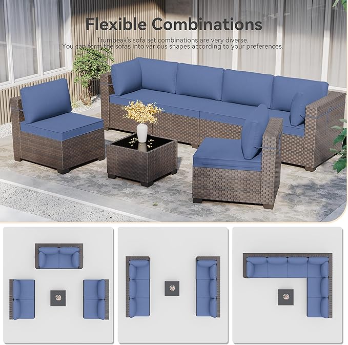 Patio Furniture Set 10 Pieces Wide PE Rattan Sofa Set Outdoor Sectional Furniture,Patio Swivel Chair Sofa Set Patio Conversation Set w/Cushions and Glass Coffee Table,NavyBlue