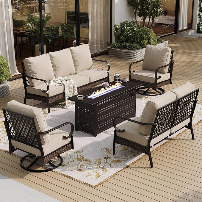 5 Piece Metal Outdoor Patio Furniture Sets with Firepit Table, Patio Conversation Sets 1 3-Seater Sofa, 1 2-Seater Loveseat, 2 Swivel Sofa with 5.75" Cushion for Backyard Deck, Beige