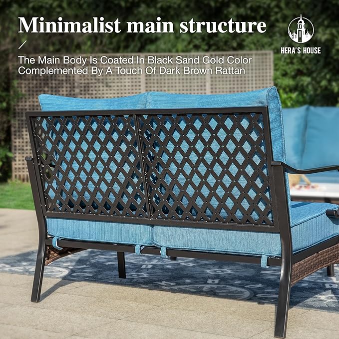 HERA'S HOUSE 5 Piece Metal Patio Furniture Set, 7 Seats All Weather Outdoor Conversation Set, 3 Seat Sofa with Loveseat, 2 Fixed Chairs, Coffee Table for Backyard, Garden, Deck, Pacific Blue