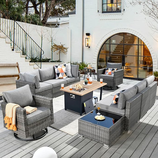 11 Piece Outdoor Patio Furniture Set with 46" Fire Pit Table, Wicker Sectional Conversation Set Whit Swivel Chairs,Modern Outside Sofa for Balcony Backyard(Dark Gray)