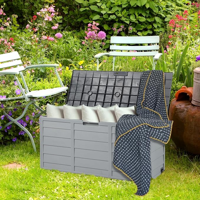 VINGLI 75 Gallon Outdoor Storage Box, Patio Deck Box Furniture with Lockable Design, Plastic Storage Containers with Lid, Outdoor Storage Bin for Garden | Pool | Balcony | Yard, Black