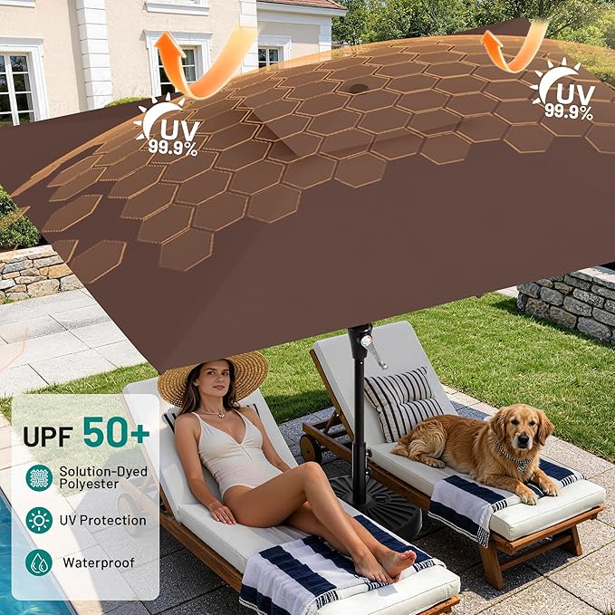 AreShark 8'x10' 2 Tiers Rectangular Patio Umbrella - Outdoor Umbrella Waterproof UV Protection, Market Table Umbrella w/Crank for Pool, Backyard, Deck(Dark Brown)