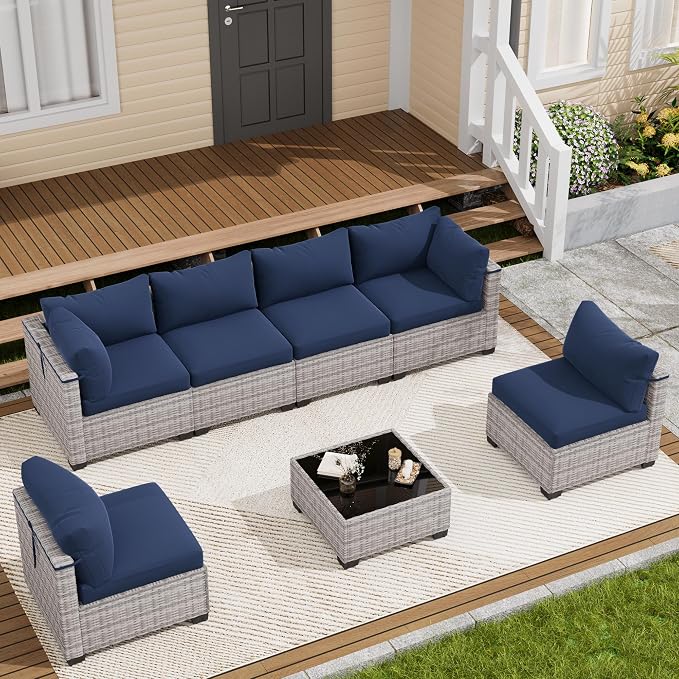 LOUVIXA 7 Piece Outdoor Patio Furniture Set, Outdoor Sectional Sofa, Wicker Rattan Patio Furniture, Patio Conversation Set with Coffee Table & Cushions