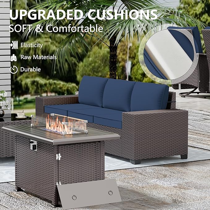 Patio Furniture Set Sofa 7-pcs Wicker Sectional Sofa Set with 55,000 BTU Gas Fireplace Table,Outdoor Furniture Rattan Sets with Tempered Glass Coffee Table