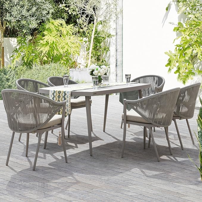 Nuu Garden Outdoor 7 Piece Dining Set, Woven Rope Conversation Chairs with Seat Cushions and Tufted Pillows, Aluminum Dining Table with 2.76" Umbrella Hole, Ideal for Patio, Lawn, Garden, Porch, Beige