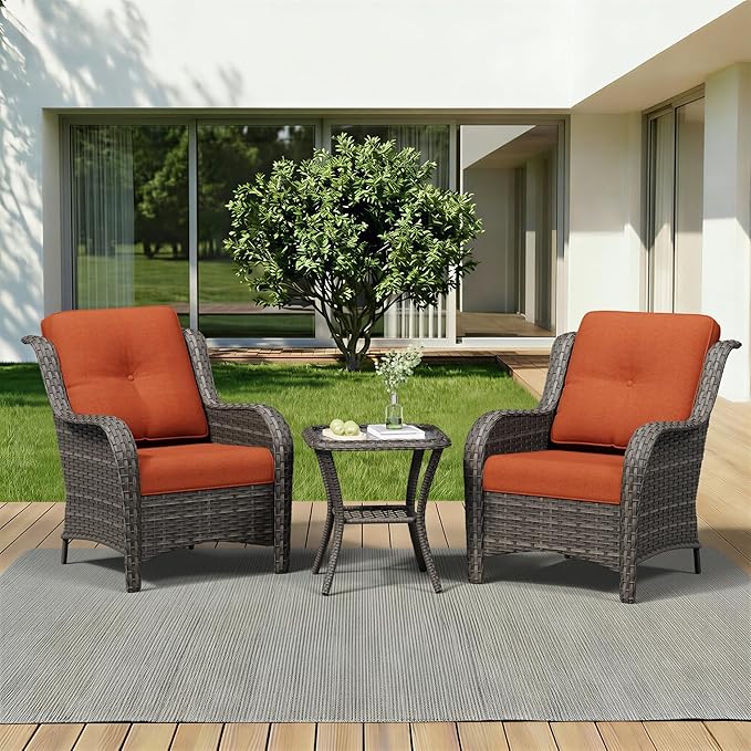 3 Pieces Outdoor Wicker Patio Furniture Set - Patio Chairs Set with Thickened Olefin Cushions, High Back and Deep Seating, Curved Armrest, PE Rattan for Porch, Deck, Balcony,Orange