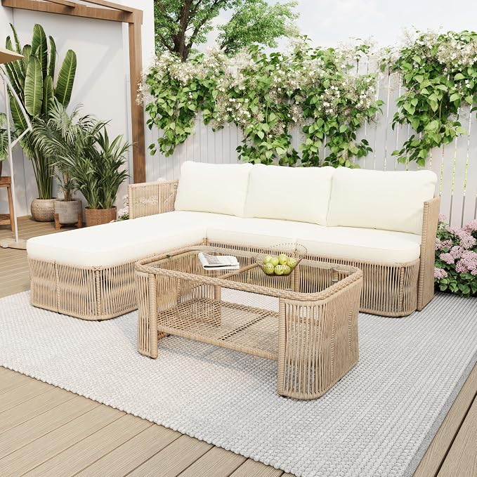 Christopher Knight Home Outdoor Patio Furniture Set, PE Rattan Wicker Conversation Sofa Set with Iron Frame Cushions and Glass Top Coffee Table, Modular Backyard Balcony Seating Set, Dark Beige
