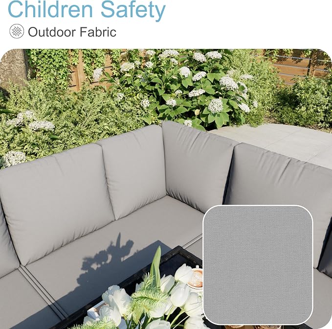 7 Pieces Outdoor Dining Set, Wicker Conversation Patio Furniture with Glass Table, L-Shaped PE Rattan Sectional Sofa Seating with Ottomans for Outside, Backyard, Balcony, Garden, Gray Cushions