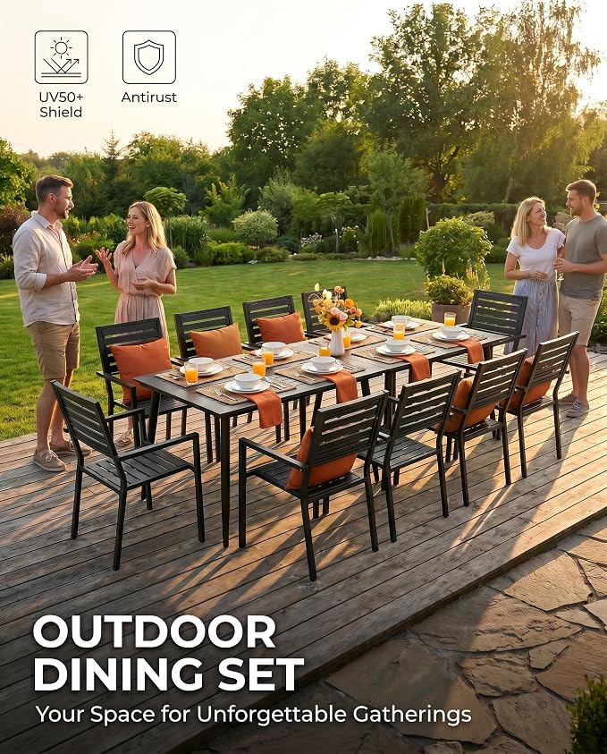 12 Piece Outdoor Dining Set All Weather Patio Dining Set with HDPE Wood-Like Tabletop, Rustproof Metal Outdoor Table and Chairs with 10 Stackable Chairs for Garden Backyard, Black