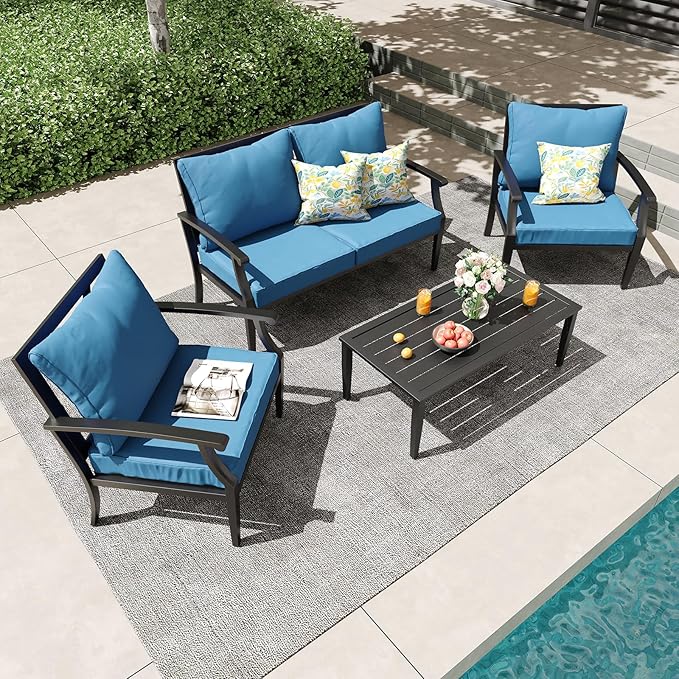 4 Piece Outdoor Patio Furniture Set, Oversized Metal Conversation Set with High Back & Deep Seating, Water-Repellent Cushions, Coffee Table for Porch, Deck, Backyard, Peacock