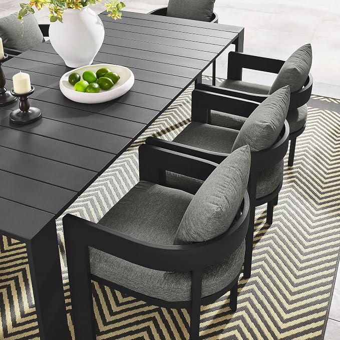 Modway Tahoe Outdoor Patio Powder-Coated Aluminum 9-Piece Dining Set in Gray Gray - Rectangular Patio Furniture Set for 8 - Outside Table with Umbrella Hole and Cushioned Chairs - Modern Patio Set