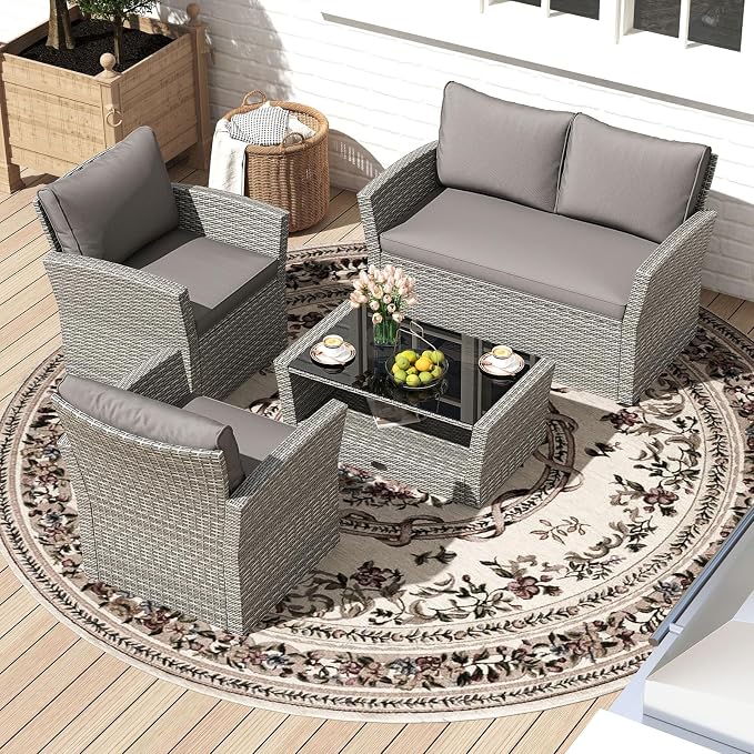 Tangkula 4 Pieces Patio Furniture Set, Outdoor PE Wicker Sectional Conversation Bistro Set with 2 Rattan Chairs, Loveseat, 2-Tier Tempered Glass Coffee Table and Cushions for Balcony, Garden (1, Gray)