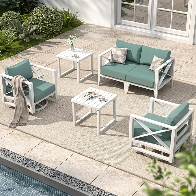 Outdoor 6-Piece Oversized Aluminum Patio Furniture Set with Swivel Rocking Chairs & Coffee Table, Weather-Resistant Deck Yard Poolside Seating-White