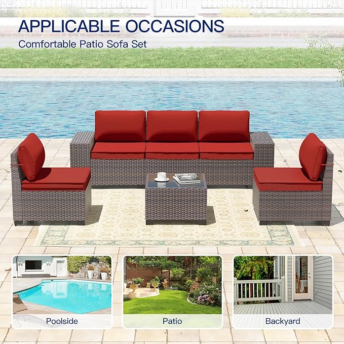6 Pieces Patio Furniture Sets with Glass Tea Table,PE Rattan Wicker Patio Conversation Set with Washable Cushions,Outdoor Patio Sectional Furniture Set for Backyard, Poolside, Garden,Red