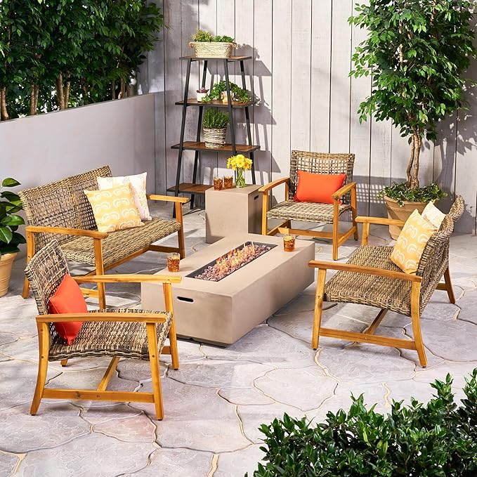 Christopher Knight Home Outdoor 6 Piece Acacia Wood and Wicker Conversation Set with Fire Pit, Gray and Light Gray