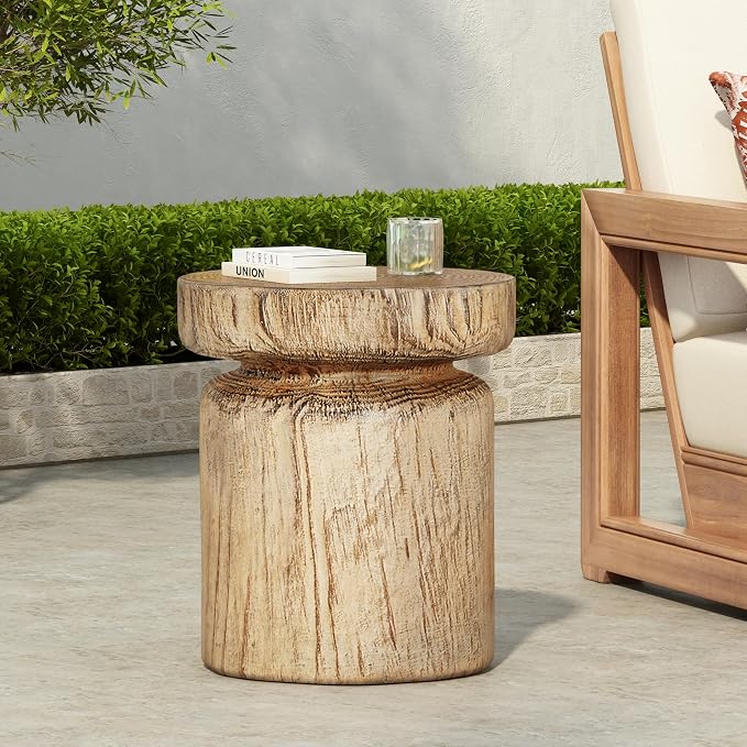 Realistic Tree Stump Side Table, Lightweight Concrete End Table for Indoor & Outdoor, Rustic Wood-Look Stool, Multi-Purpose Plant Stand, Weather-Resistant Table, No Assembly Required, Natural Wood