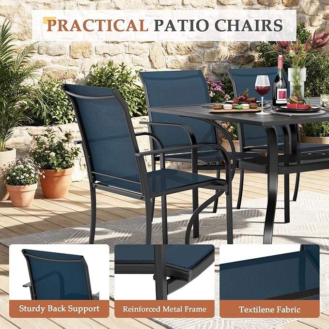 Incbruce 7 Pieces Patio Dining Set, Outdoor Dining Set of 6 Textilene Chairs and Rectangle Table with Umbrella Hole for Backyard, Garden, and Poolside (Blue)