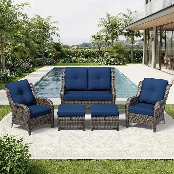 Joyside 5 Piece Wicker Patio Furniture Set, Rattan Patio Chairs with High Back, Deep Seating, Wide Armrest, Thickened Cushions, Outdoor Furniture for Deck, Porch Use