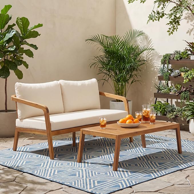 Merax 2-Piece Outdoor Loveseat & Coffee Table Set, Acacia Wood Frame with PE Wicker Back & Water-Resistant Cushions for Patio, Backyard & Poolside