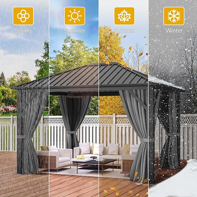 DWVO 10x12ft Gazebo Hardtop Heavy Duty Canopy with Nettings and Curtains, Galvanized Steel Outdoor Vertical Stripes Roof for Patio, Backyard, Deck, Lawns, Gray